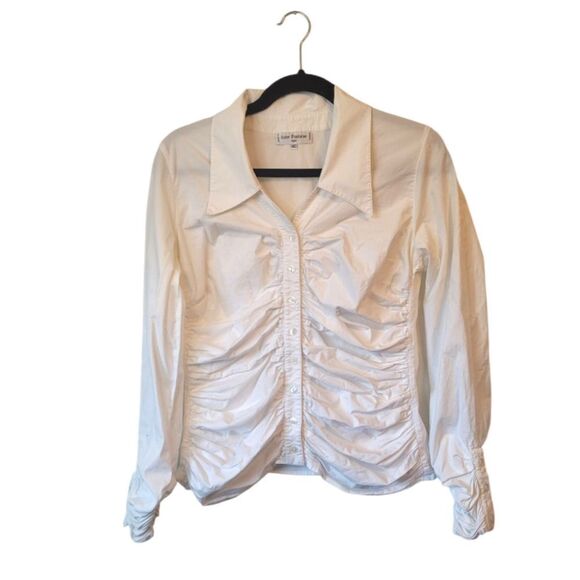 Ann Fontaine White Ruched Front Button Down Blouse Size 42 - Picture 1 of 5